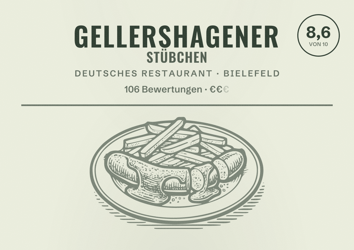 Illustriertes Poster von Gellershagener Stübchen, Deutsches Restaurant in Bielefeld: Bewertung 8,6 von 10 aus 106 Bewertungen, Preisniveau €€