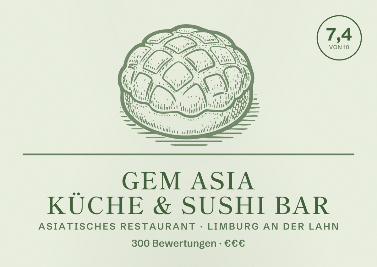 Illustriertes Poster von Gem Asia Küche & Sushi Bar, Asiatisches Restaurant in Limburg an der Lahn: Bewertung 7,4 von 10 aus 300 Bewertungen, Preisniveau €€€
