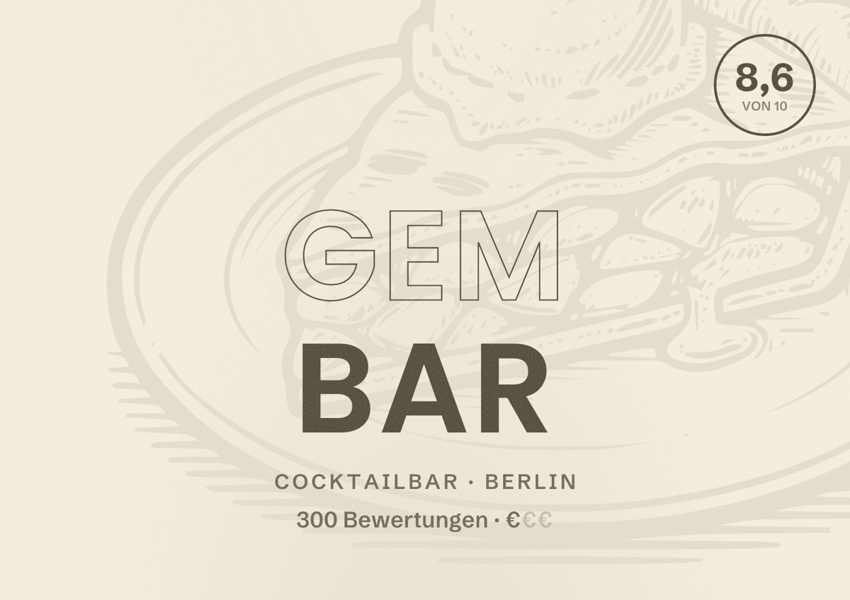 Illustriertes Poster von GEM Bar, Cocktailbar in Berlin: Bewertung 8,6 von 10 aus 300 Bewertungen, Preisniveau €