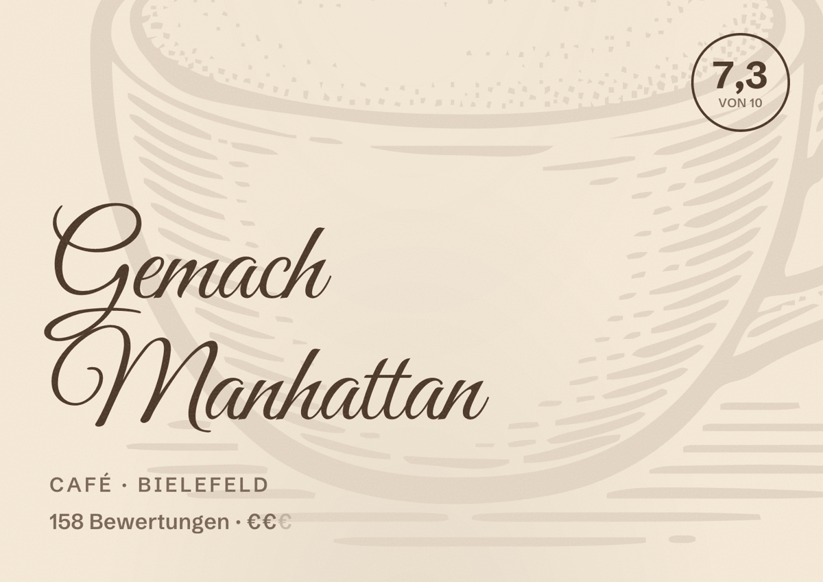 Illustriertes Poster von Gemach Manhattan, Café in Bielefeld: Bewertung 7,3 von 10 aus 158 Bewertungen, Preisniveau €€