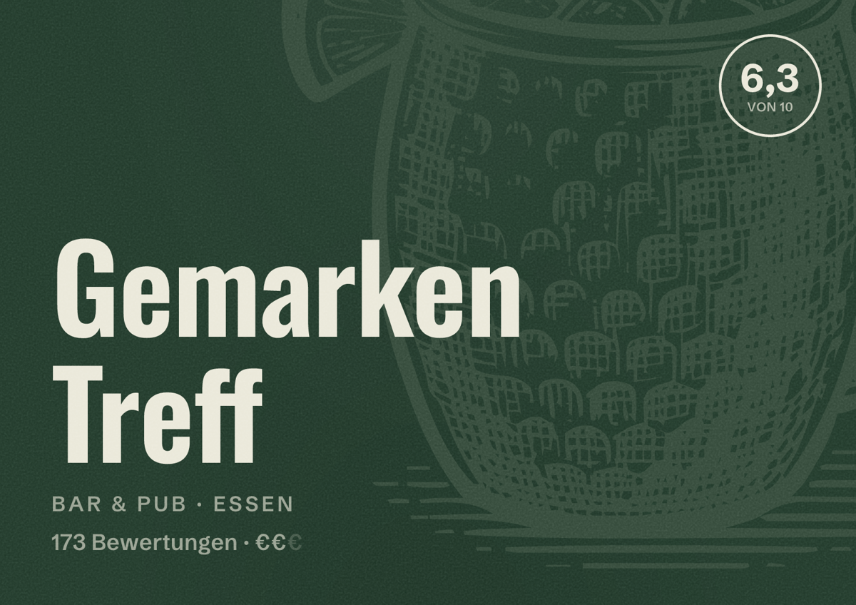 Illustriertes Poster von Gemarken Treff, Bar & Pub in Essen: Bewertung 6,3 von 10 aus 173 Bewertungen, Preisniveau €€