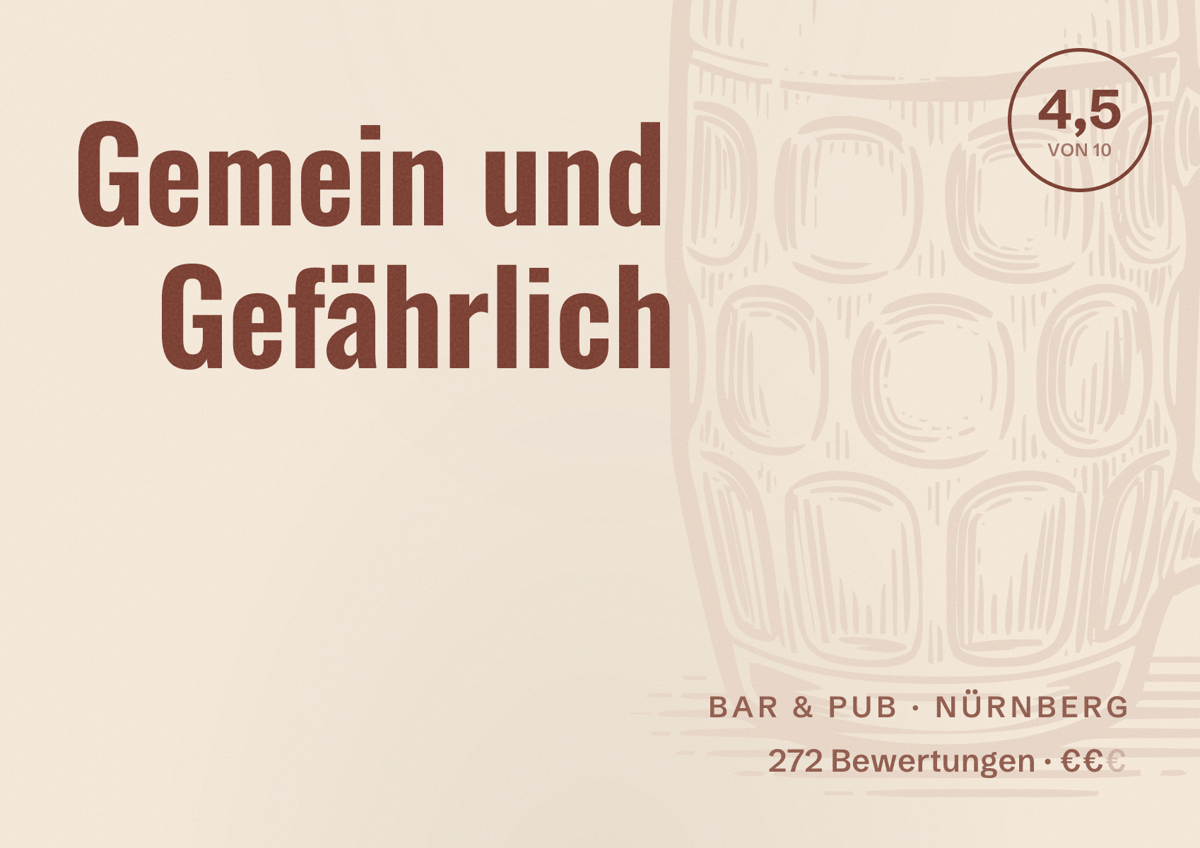Illustriertes Poster von Gemein und Gefährlich, Bar & Pub in Nürnberg: Bewertung 4,5 von 10 aus 272 Bewertungen, Preisniveau €€