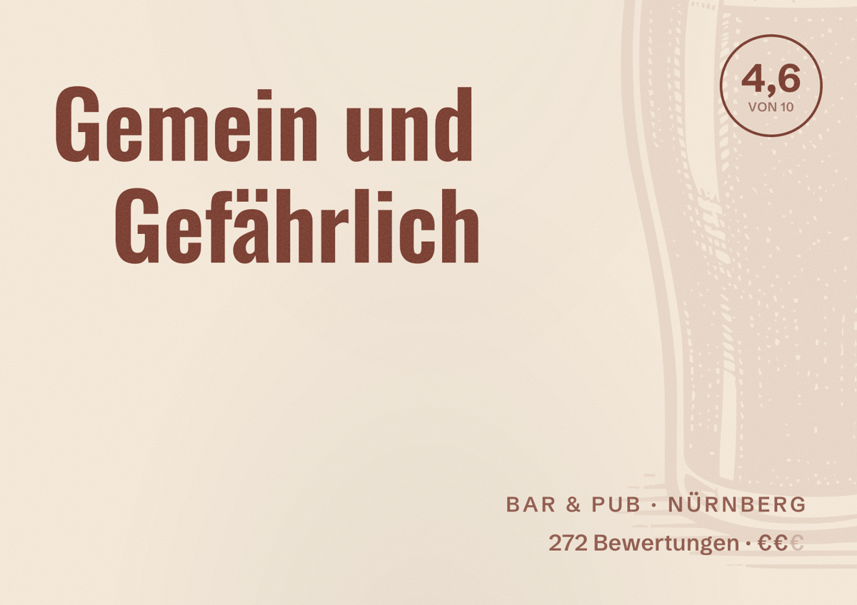 Illustriertes Poster von Gemein und Gefährlich, Bar & Pub in Nürnberg: Bewertung 4,6 von 10 aus 272 Bewertungen, Preisniveau €€