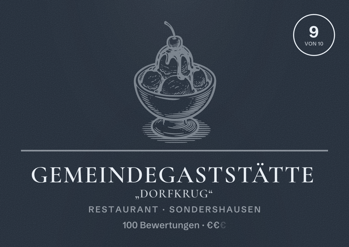 Illustriertes Poster von Gemeindegaststätte „Dorfkrug“, Restaurant in Sondershausen: Bewertung 9 von 10 aus 100 Bewertungen, Preisniveau €€