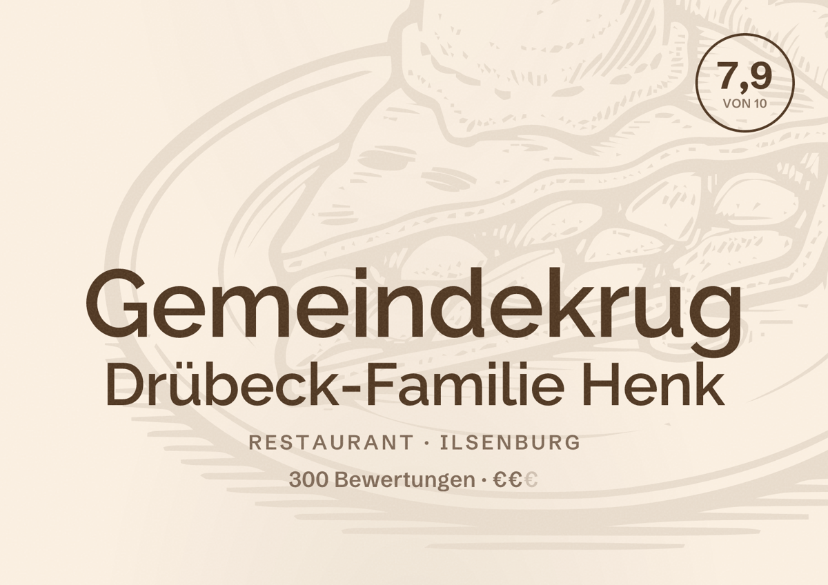 Illustriertes Poster von Gemeindekrug Drübeck-Familie Henk, Restaurant in Ilsenburg: Bewertung 7,9 von 10 aus 300 Bewertungen, Preisniveau €€