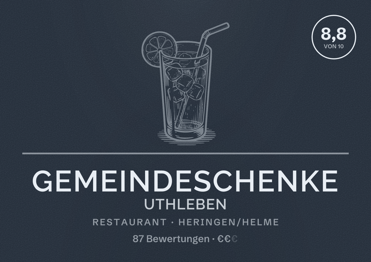 Illustriertes Poster von Gemeindeschenke Uthleben, Restaurant in Heringen/Helme: Bewertung 8,8 von 10 aus 87 Bewertungen, Preisniveau €€