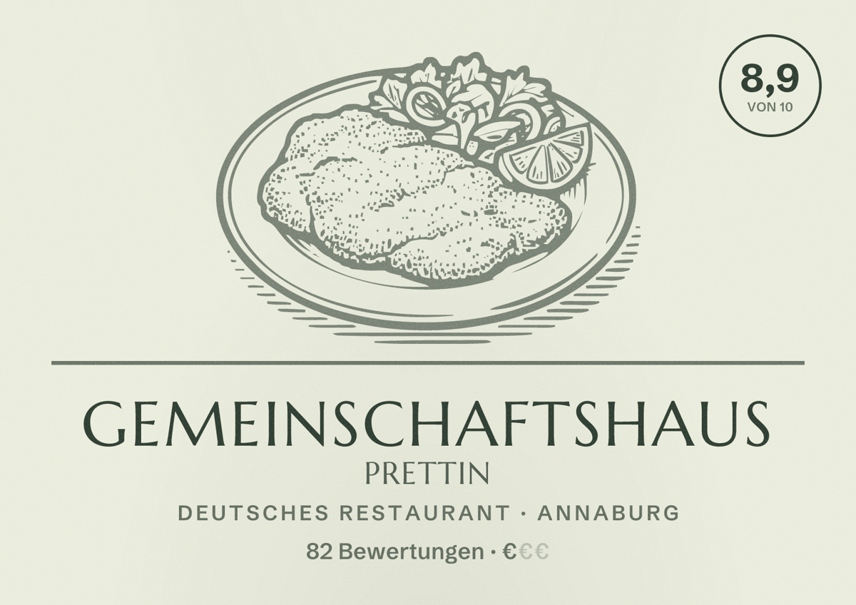 Illustriertes Poster von Gemeinschaftshaus Prettin, Deutsches Restaurant in Annaburg: Bewertung 8,9 von 10 aus 82 Bewertungen, Preisniveau €