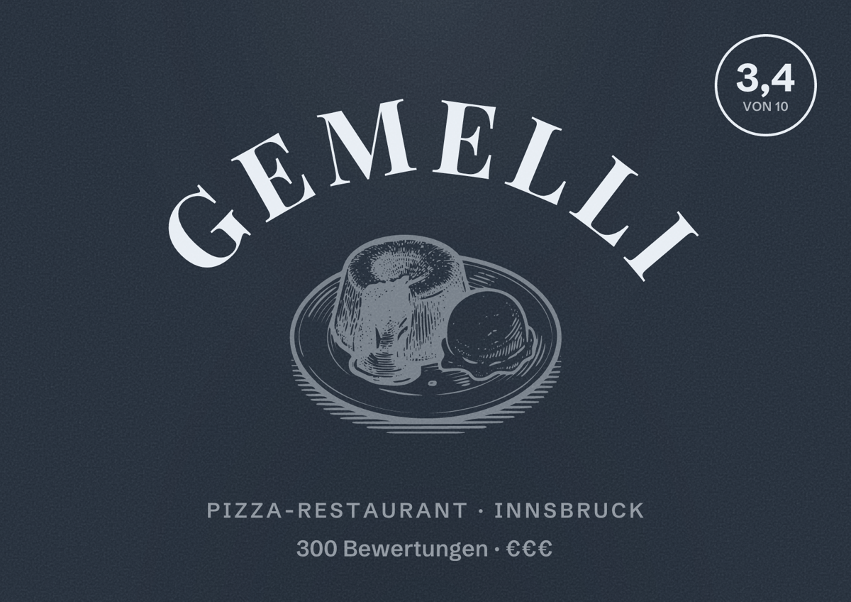 Illustriertes Poster von Gemelli, Pizza-Restaurant in Innsbruck: Bewertung 3,4 von 10 aus 300 Bewertungen, Preisniveau €€€