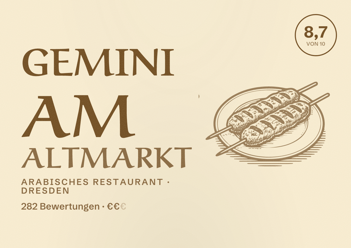 Illustriertes Poster von Gemini am Altmarkt, Arabisches Restaurant in Dresden: Bewertung 8,7 von 10 aus 282 Bewertungen, Preisniveau €€