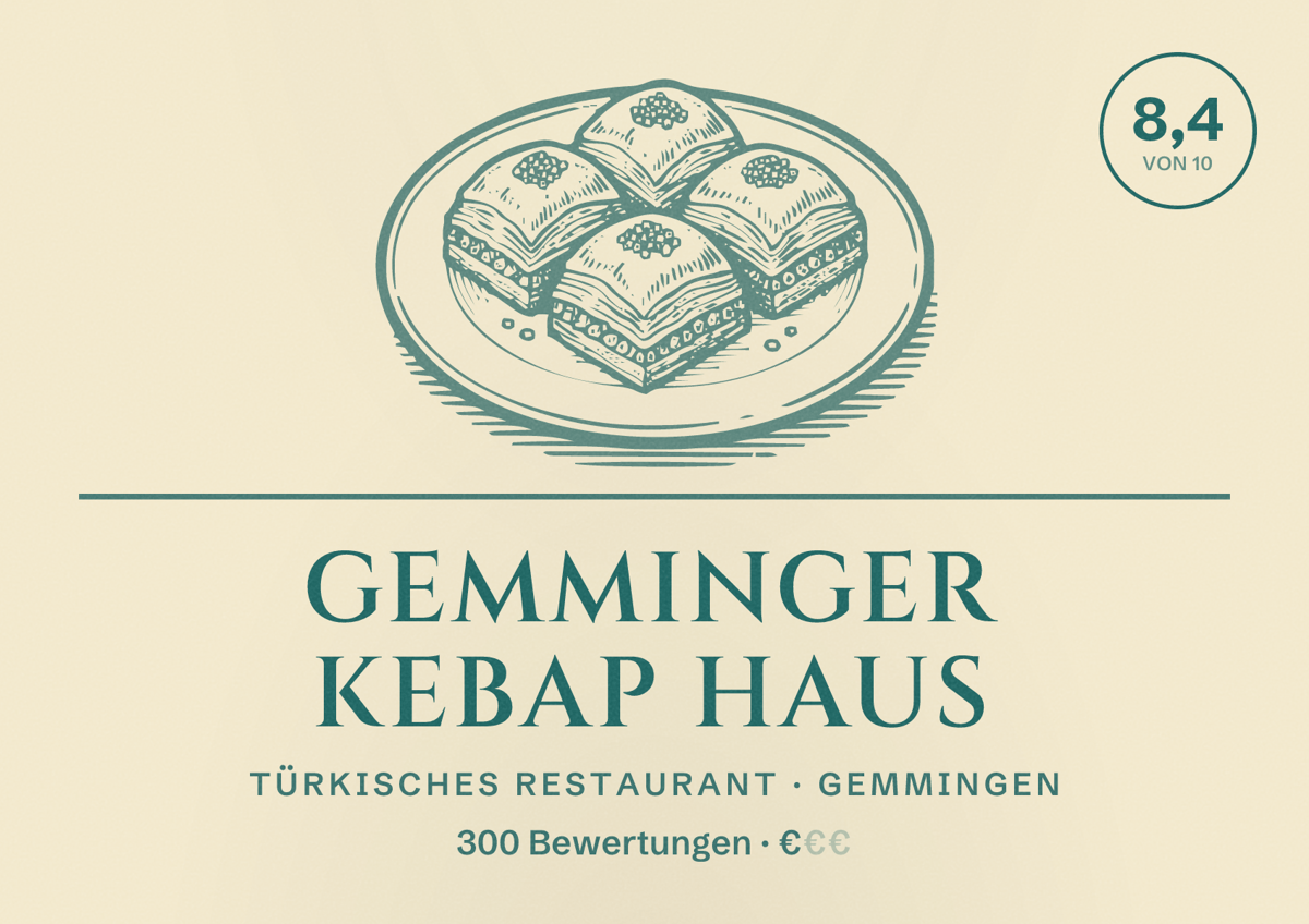 Illustriertes Poster von Gemminger Kebap Haus, Türkisches Restaurant in Gemmingen: Bewertung 8,4 von 10 aus 300 Bewertungen, Preisniveau €