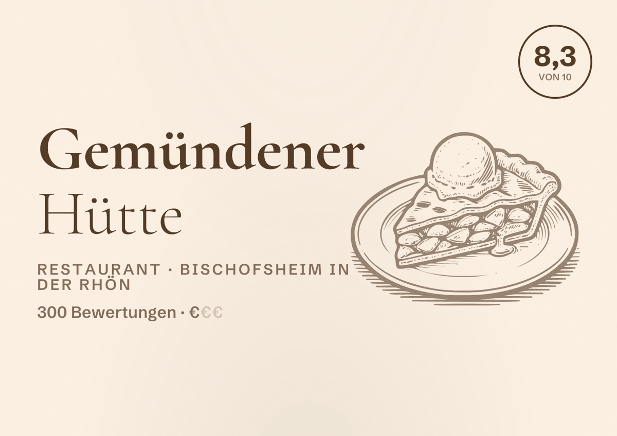 Illustriertes Poster von Gemündener Hütte, Restaurant in Bischofsheim in der Rhön: Bewertung 8,3 von 10 aus 300 Bewertungen, Preisniveau €