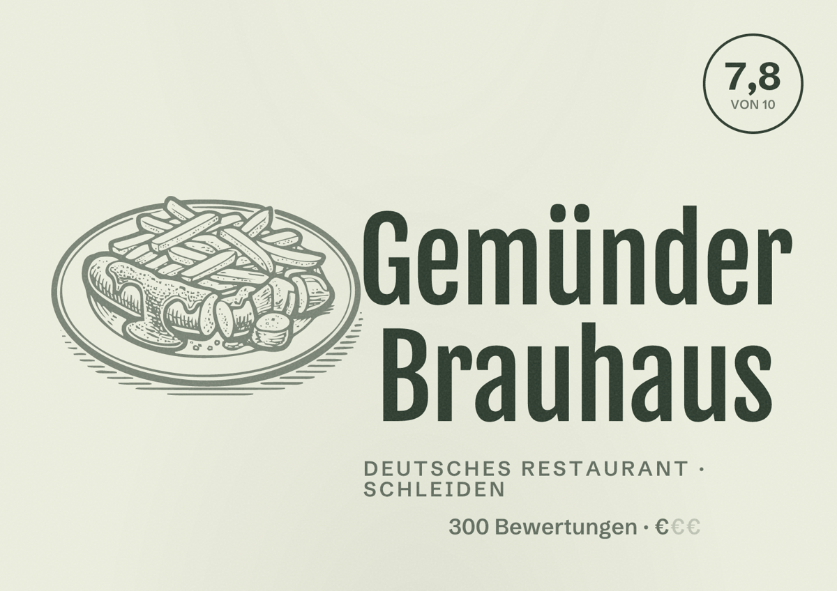 Illustriertes Poster von Gemünder Brauhaus, Deutsches Restaurant in Schleiden: Bewertung 7,8 von 10 aus 300 Bewertungen, Preisniveau €