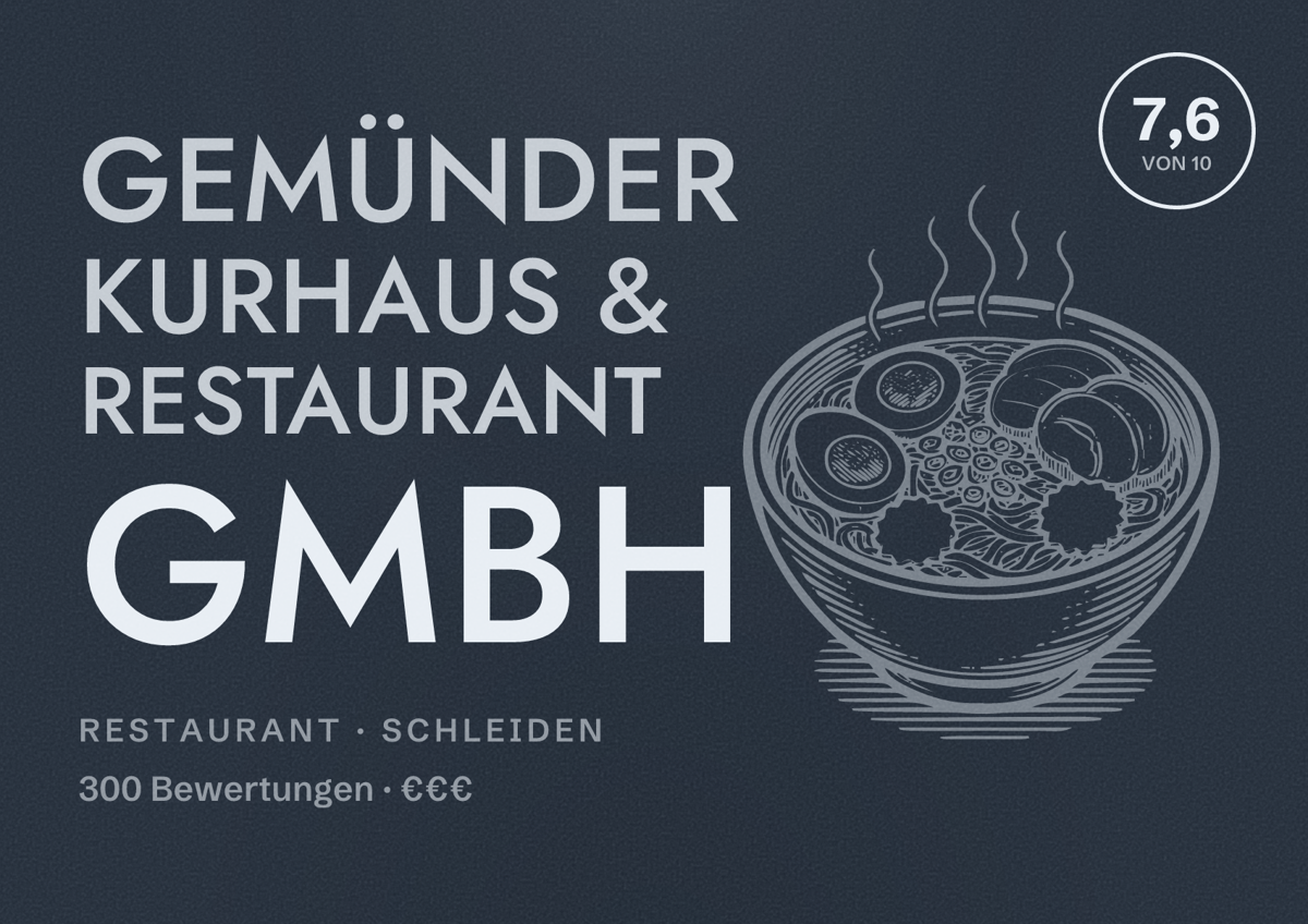 Illustriertes Poster von Gemünder Kurhaus & Restaurant GmbH, Restaurant in Schleiden: Bewertung 7,6 von 10 aus 300 Bewertungen, Preisniveau €€€