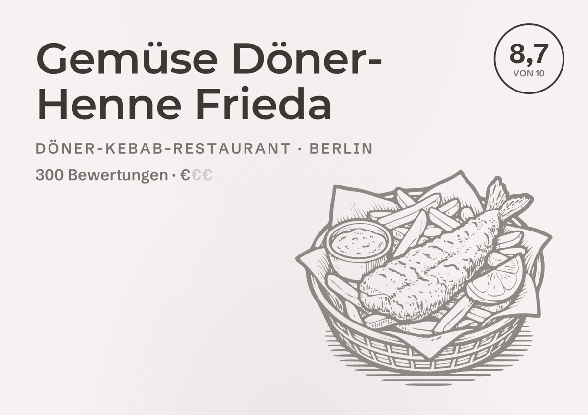 Illustriertes Poster von Gemüse Döner- Henne Frieda, Döner-Kebab-Restaurant in Berlin: Bewertung 8,7 von 10 aus 300 Bewertungen, Preisniveau €