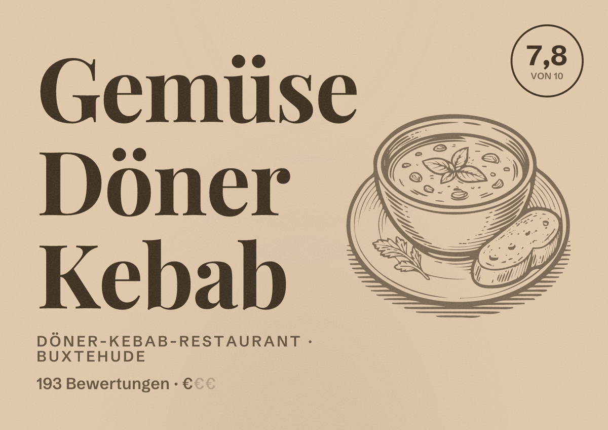 Illustriertes Poster von Gemüse Döner Kebab, Döner-Kebab-Restaurant in Buxtehude: Bewertung 7,8 von 10 aus 193 Bewertungen, Preisniveau €