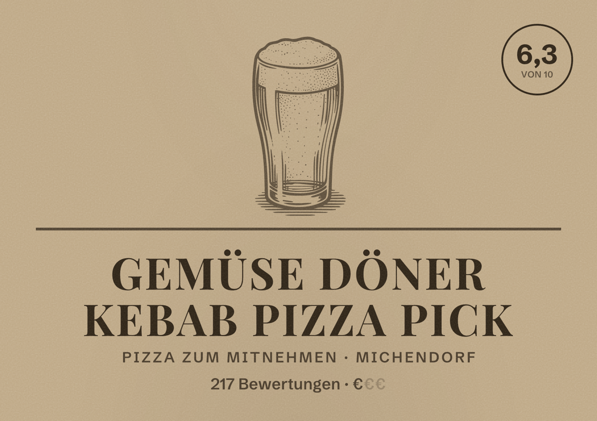 Illustriertes Poster von Gemüse Döner Kebab Pizza Pick, Pizza zum Mitnehmen in Michendorf: Bewertung 6,3 von 10 aus 217 Bewertungen, Preisniveau €