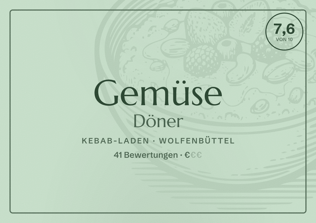 Illustriertes Poster von Gemüse Döner, Kebab-Laden in Wolfenbüttel: Bewertung 7,6 von 10 aus 41 Bewertungen, Preisniveau €