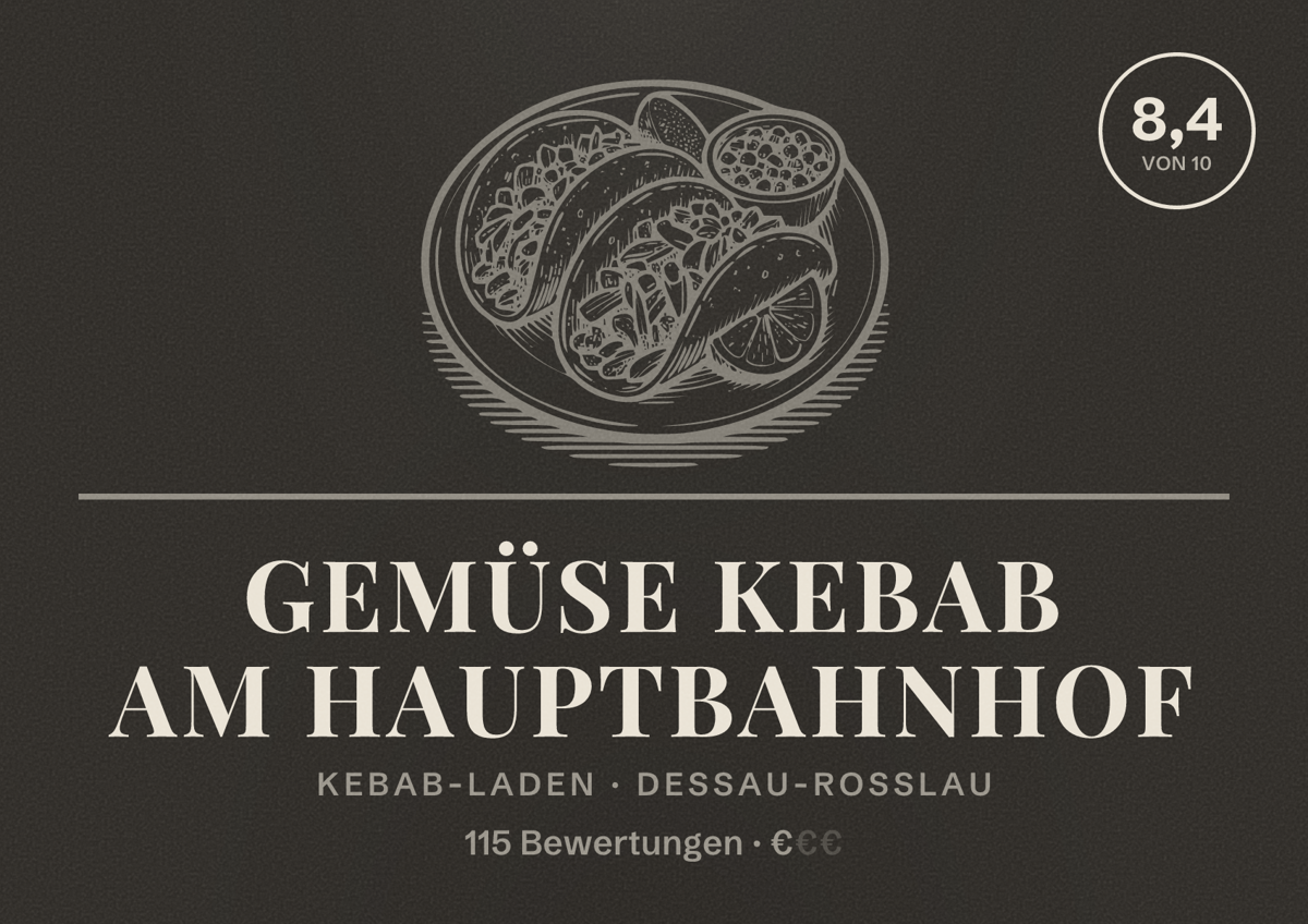 Illustriertes Poster von Gemüse Kebab am Hauptbahnhof, Kebab-Laden in Dessau-Roßlau: Bewertung 8,4 von 10 aus 115 Bewertungen, Preisniveau €