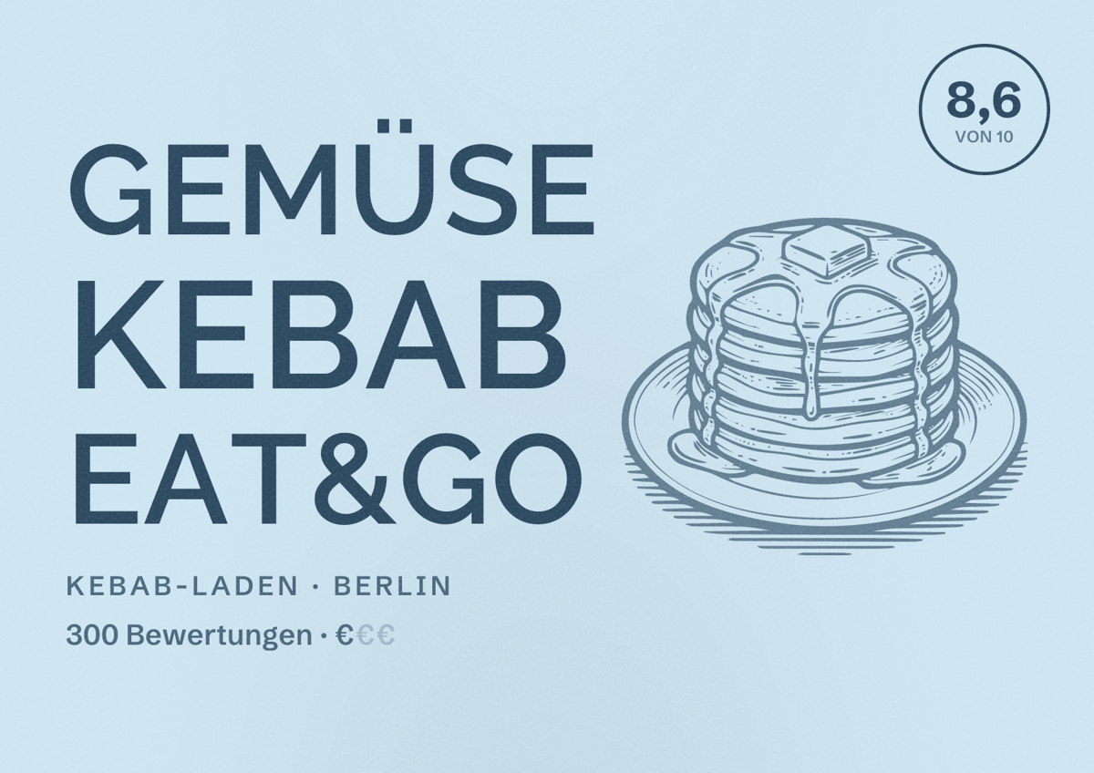 Illustriertes Poster von Gemüse Kebab Eat&Go, Kebab-Laden in Berlin: Bewertung 8,6 von 10 aus 300 Bewertungen, Preisniveau €