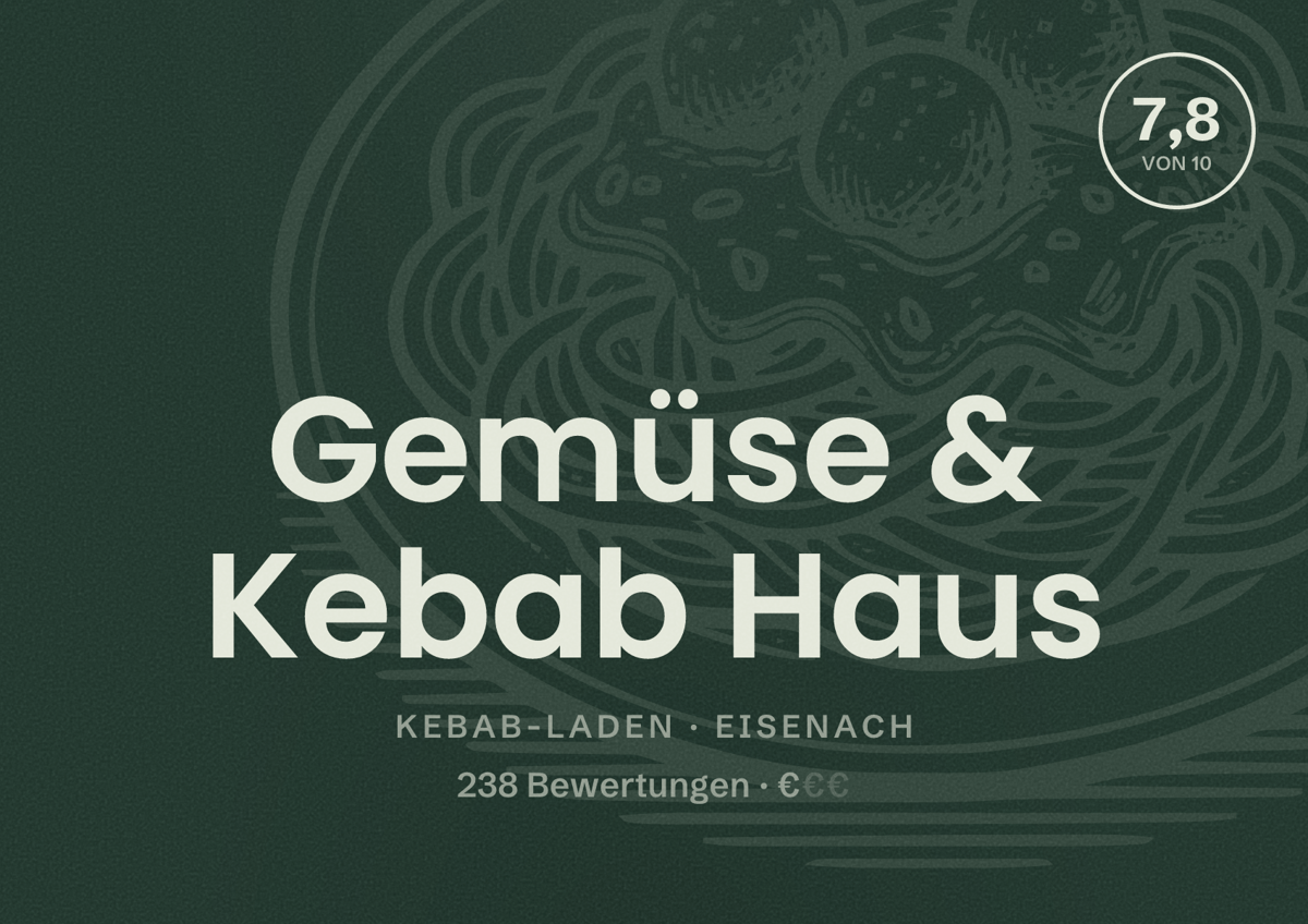 Illustriertes Poster von Gemüse & Kebab Haus, Kebab-Laden in Eisenach: Bewertung 7,8 von 10 aus 238 Bewertungen, Preisniveau €