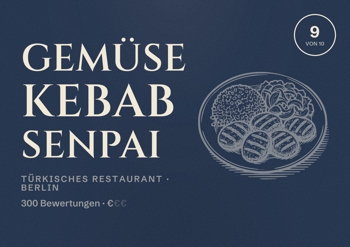 Illustriertes Poster von Gemüse Kebab Senpai, Türkisches Restaurant in Berlin: Bewertung 9,0 von 10 aus 300 Bewertungen, Preisniveau €