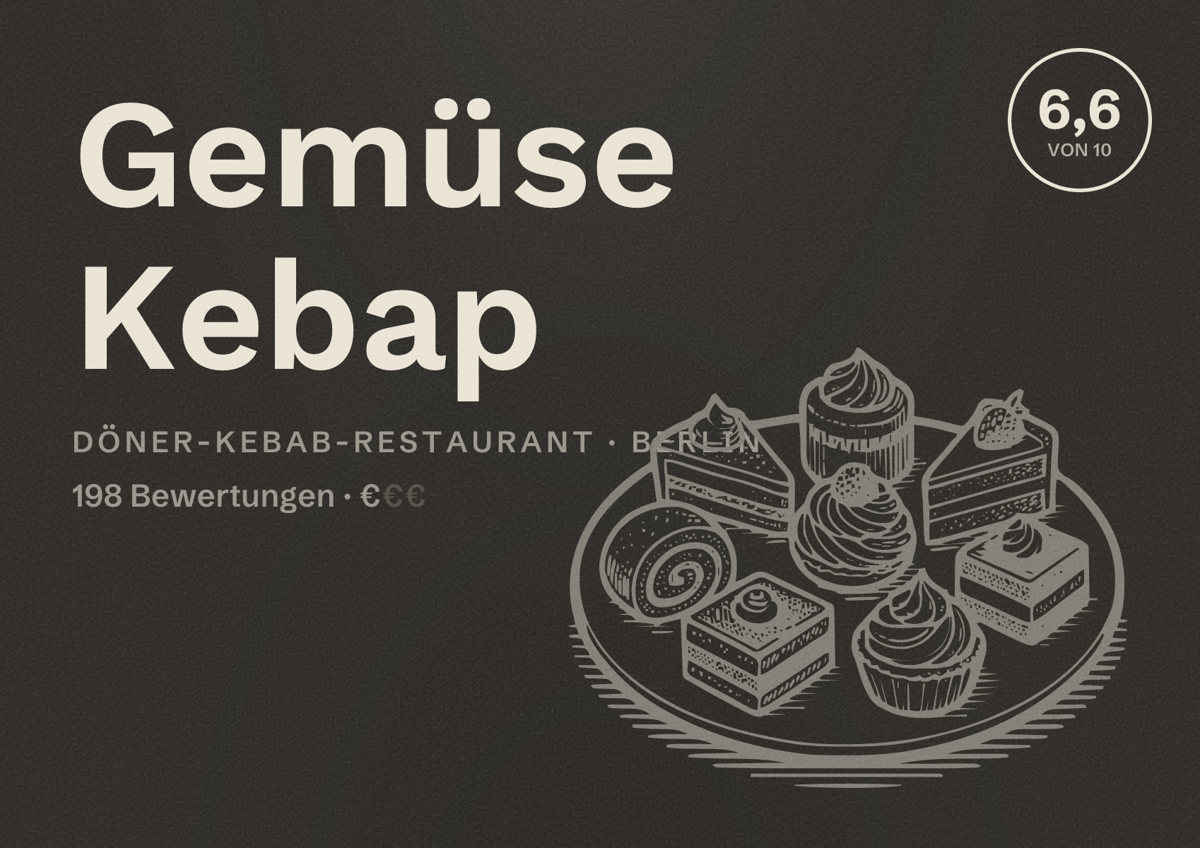 Illustriertes Poster von Gemüse Kebap, Döner-Kebab-Restaurant in Berlin: Bewertung 6,6 von 10 aus 198 Bewertungen, Preisniveau €