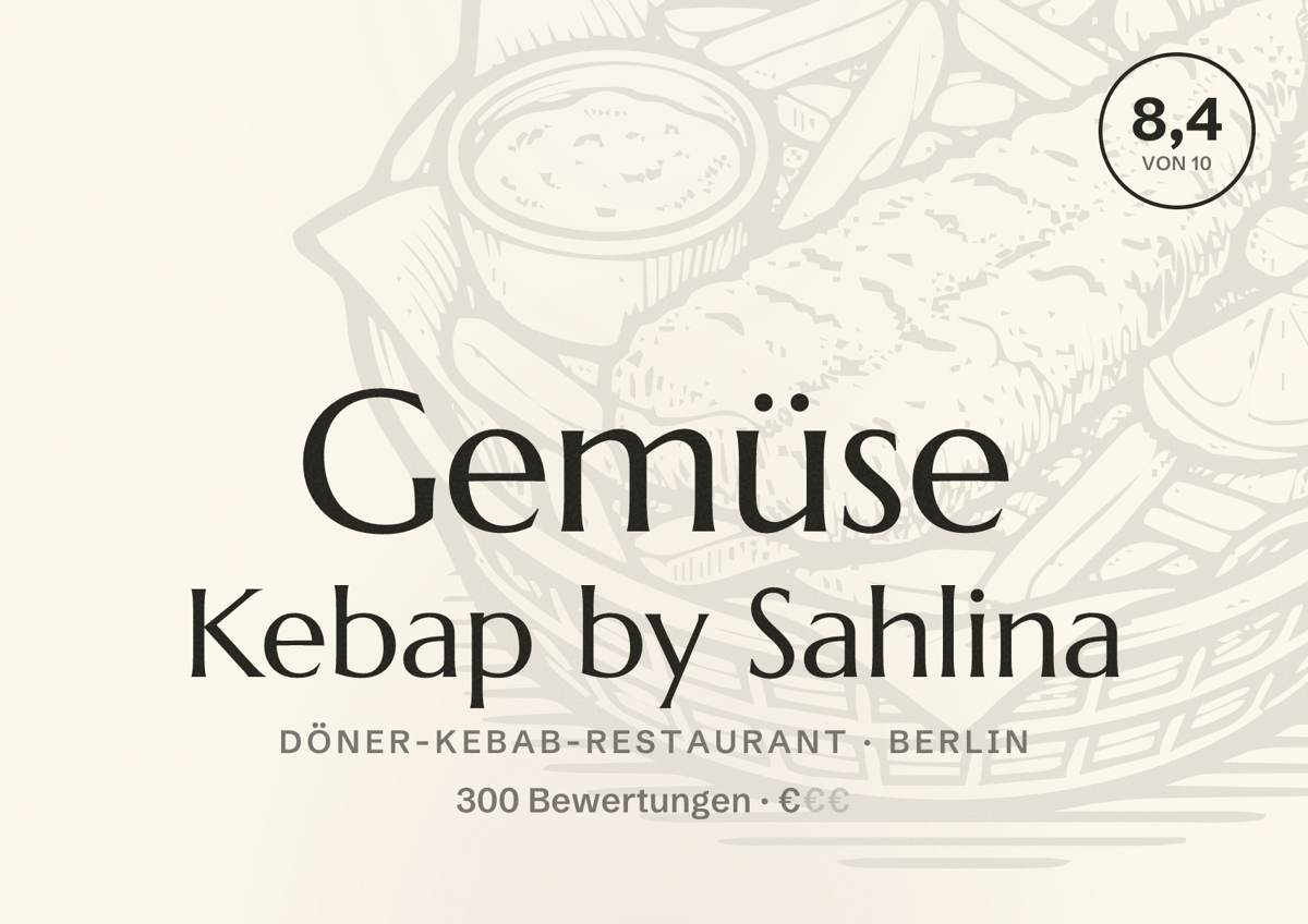 Illustriertes Poster von Gemüse Kebap by Sahlina, Döner-Kebab-Restaurant in Berlin: Bewertung 8,4 von 10 aus 300 Bewertungen, Preisniveau €