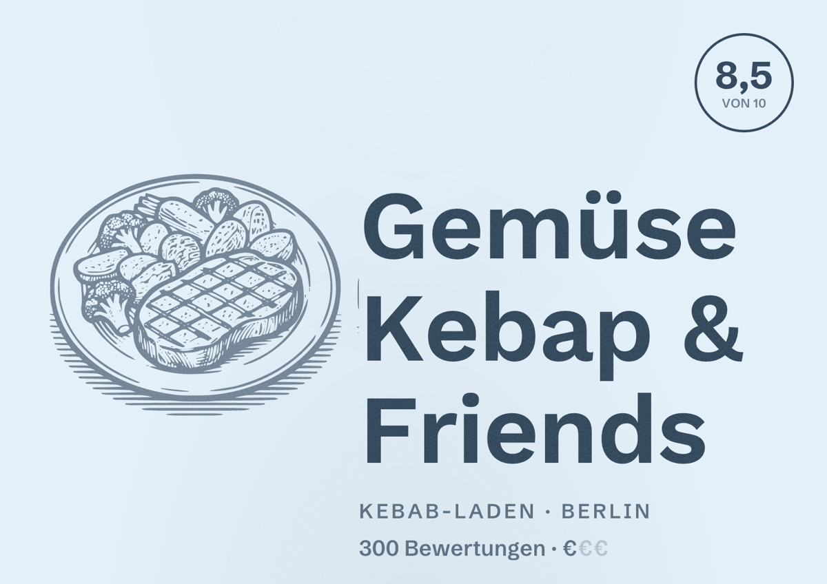 Illustriertes Poster von Gemüse Kebap & Friends, Kebab-Laden in Berlin: Bewertung 8,5 von 10 aus 300 Bewertungen, Preisniveau €