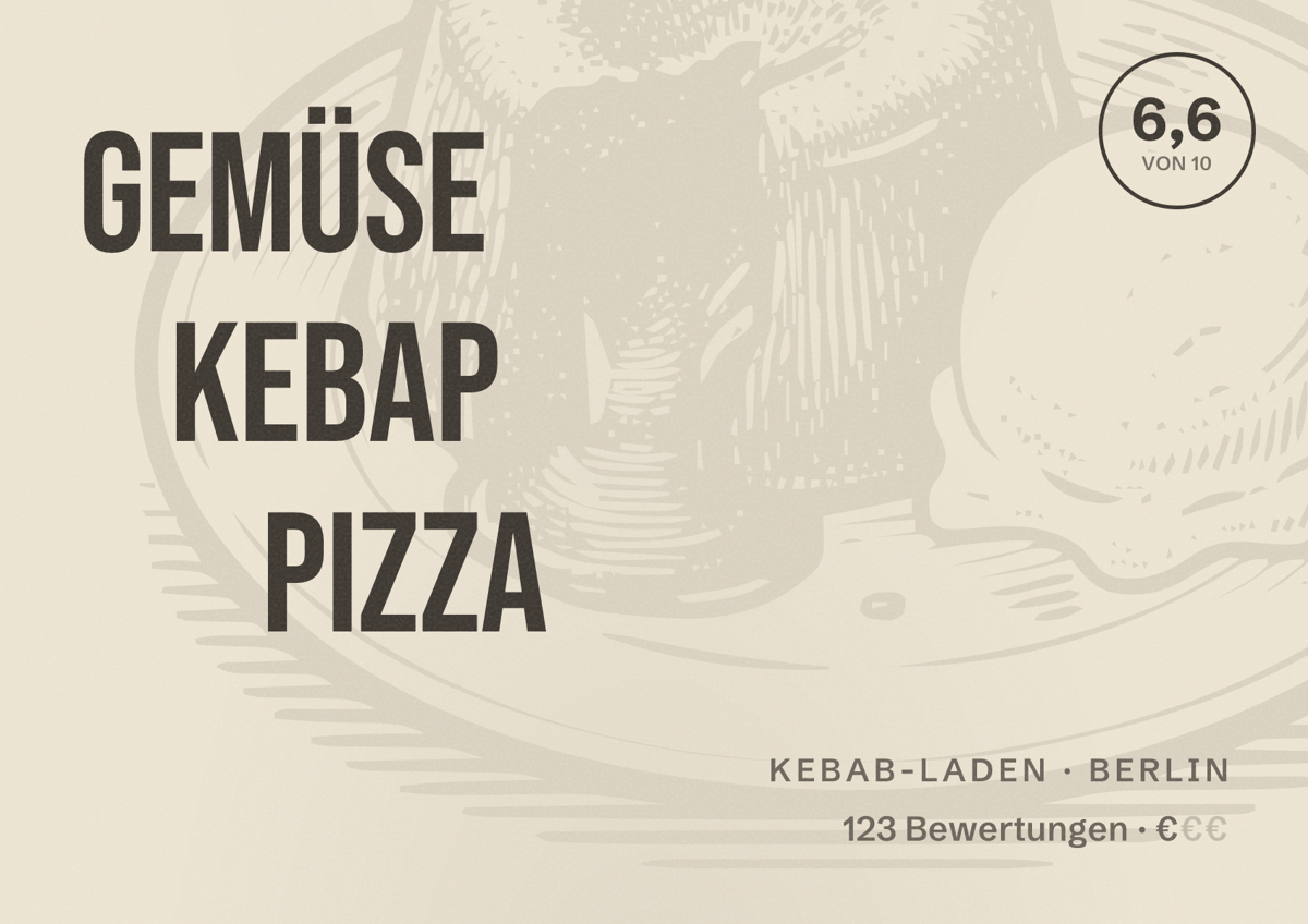 Illustriertes Poster von Gemüse Kebap Pizza, Kebab-Laden in Berlin: Bewertung 6,6 von 10 aus 123 Bewertungen, Preisniveau €