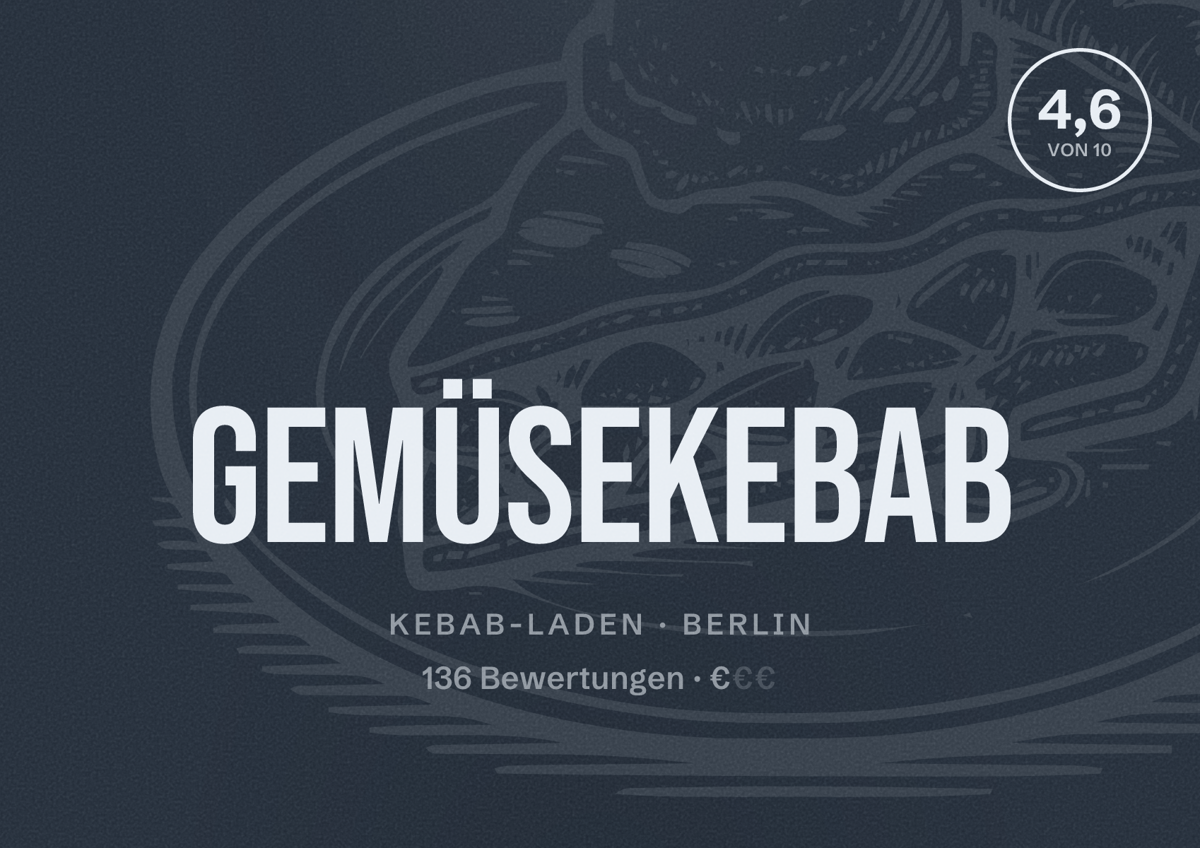 Illustriertes Poster von GEMÜSEKEBAB, Kebab-Laden in Berlin: Bewertung 4,6 von 10 aus 136 Bewertungen, Preisniveau €
