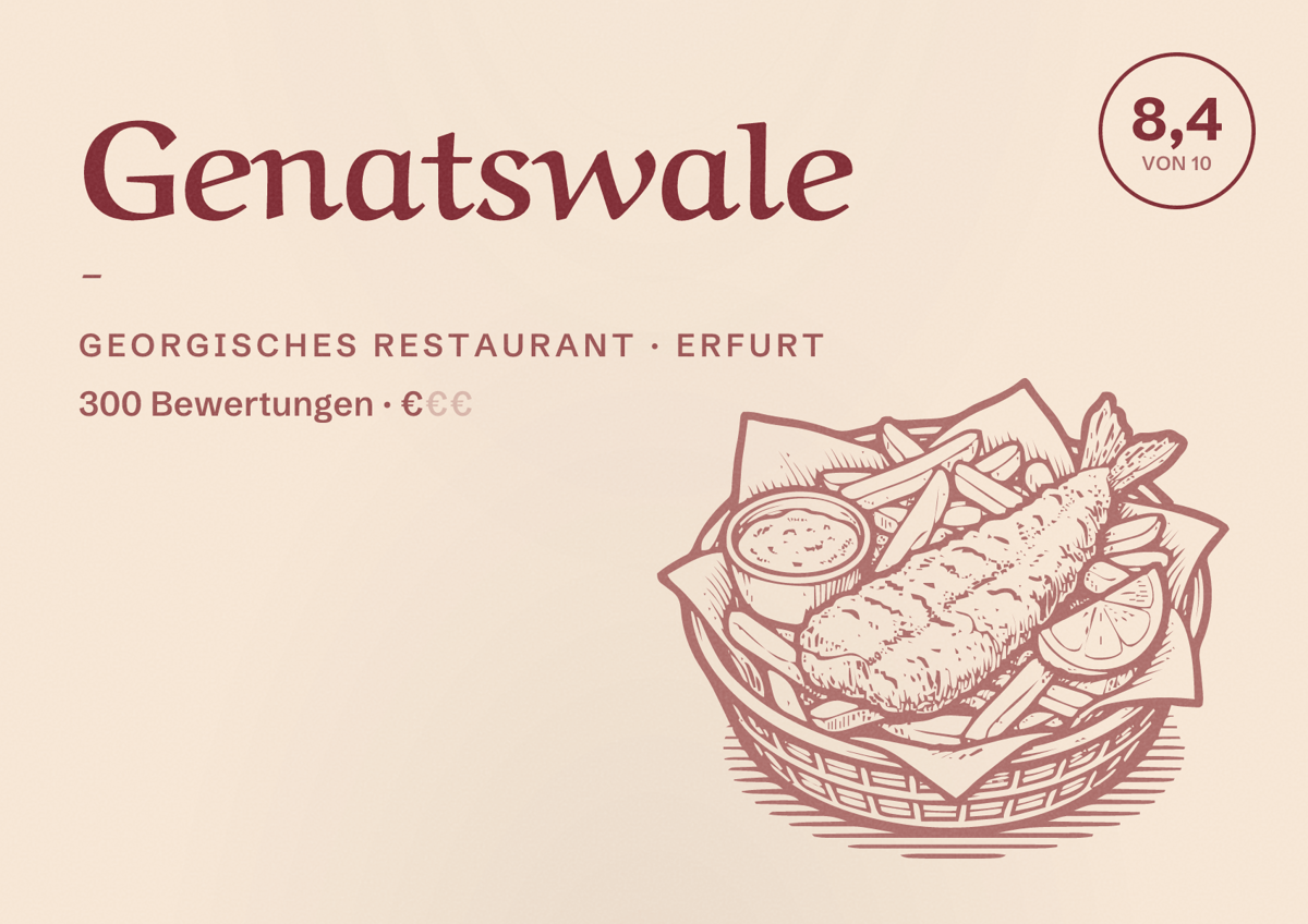 Illustriertes Poster von Genatswale -, Georgisches Restaurant in Erfurt: Bewertung 8,4 von 10 aus 300 Bewertungen, Preisniveau €