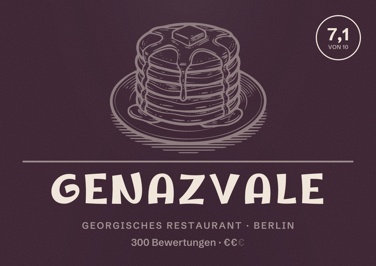 Illustriertes Poster von Genazvale, Georgisches Restaurant in Berlin: Bewertung 7,1 von 10 aus 300 Bewertungen, Preisniveau €€