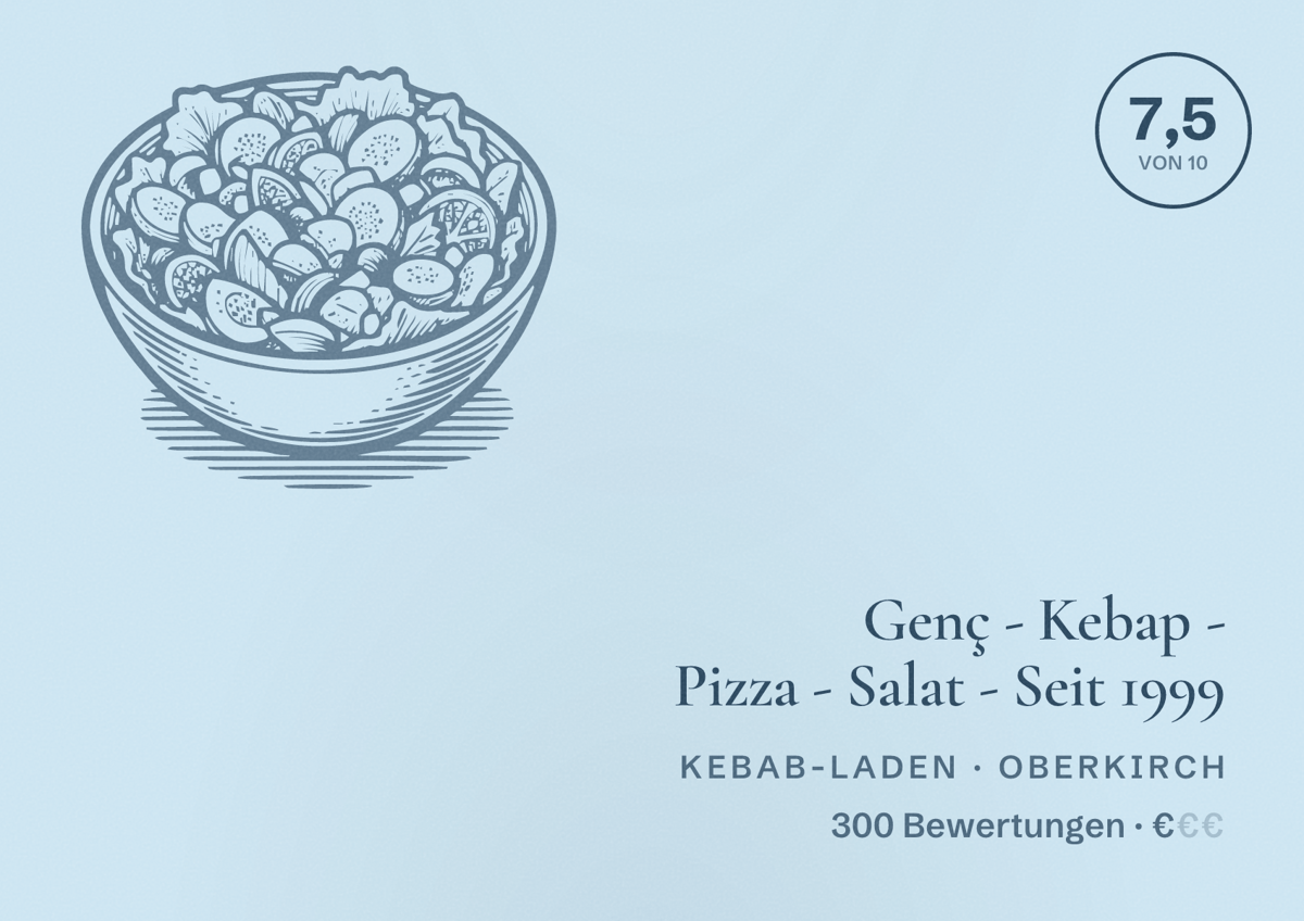 Illustriertes Poster von Genç - Kebap - Pizza - Salat - Seit 1999, Kebab-Laden in Oberkirch: Bewertung 7,5 von 10 aus 300 Bewertungen, Preisniveau €