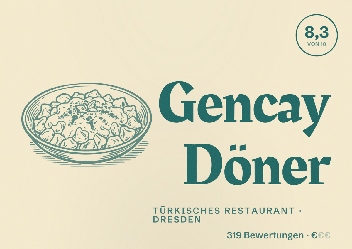 Illustriertes Poster von Gencay Döner, Türkisches Restaurant in Dresden: Bewertung 8,3 von 10 aus 319 Bewertungen, Preisniveau €