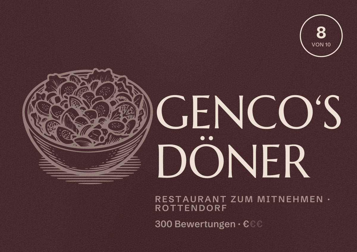 Illustriertes Poster von GENCO‘S DÖNER, Restaurant zum Mitnehmen in Rottendorf: Bewertung 8 von 10 aus 300 Bewertungen, Preisniveau €