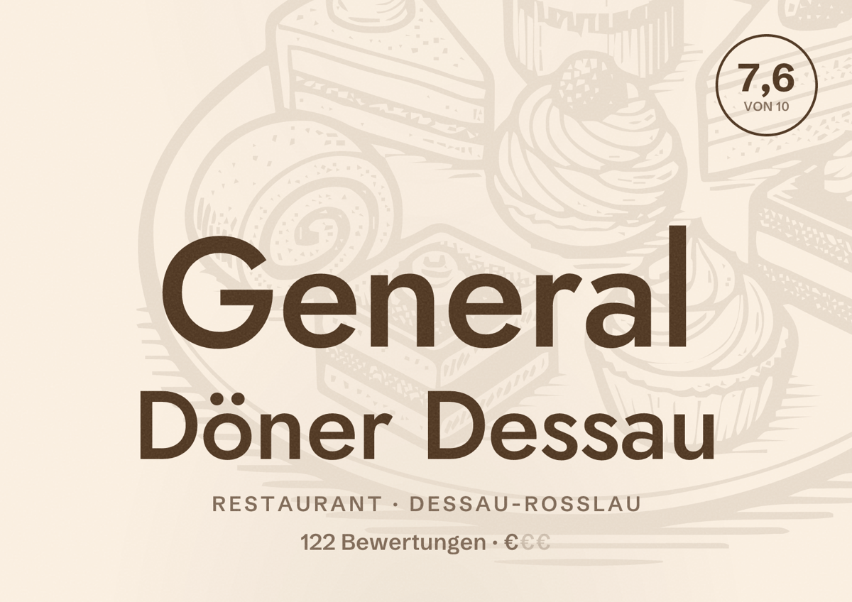 Illustriertes Poster von General Döner Dessau, Restaurant in Dessau-Roßlau: Bewertung 7,6 von 10 aus 122 Bewertungen, Preisniveau €