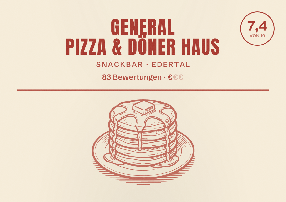 Illustriertes Poster von General Pizza & Döner Haus, Snackbar in Edertal: Bewertung 7,4 von 10 aus 83 Bewertungen, Preisniveau €