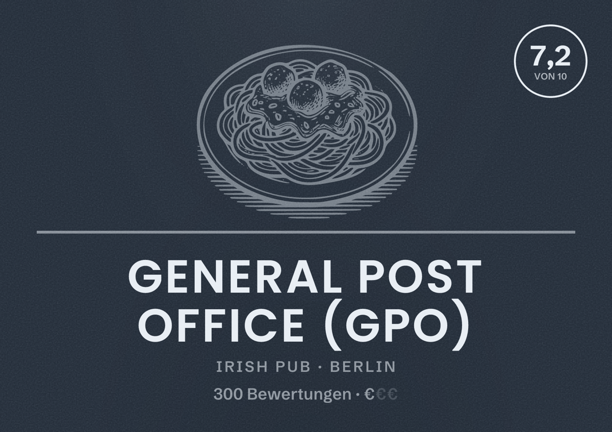 Illustriertes Poster von General Post Office (GPO), Irish Pub in Berlin: Bewertung 7,2 von 10 aus 300 Bewertungen, Preisniveau €