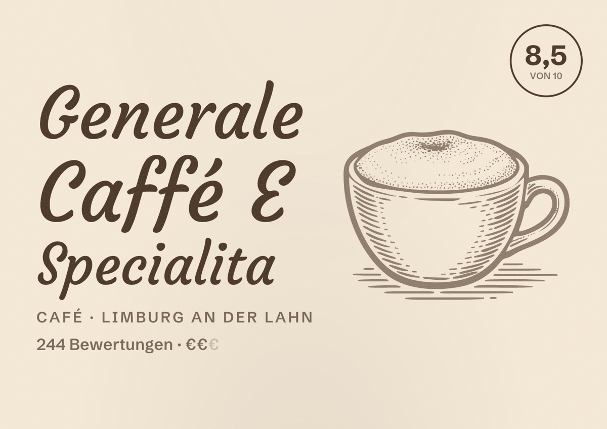 Illustriertes Poster von Generale Caffé E Specialita, Café in Limburg an der Lahn: Bewertung 8,5 von 10 aus 244 Bewertungen, Preisniveau €€