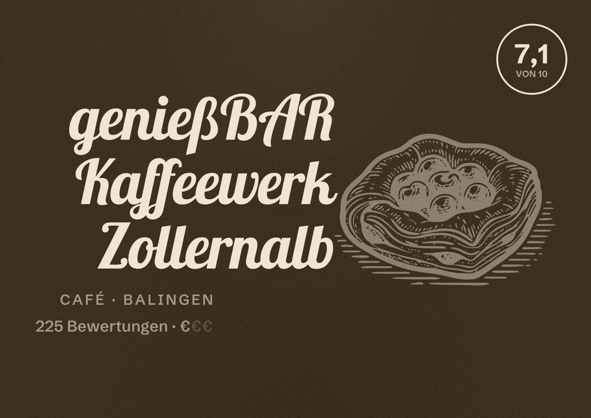 Illustriertes Poster von genießBAR Kaffeewerk Zollernalb, Café in Balingen: Bewertung 7,1 von 10 aus 225 Bewertungen, Preisniveau €