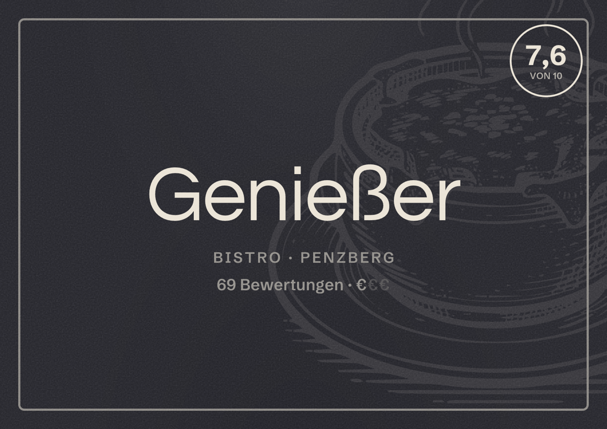 Illustriertes Poster von Genießer, Bistro in Penzberg: Bewertung 7,6 von 10 aus 69 Bewertungen, Preisniveau €