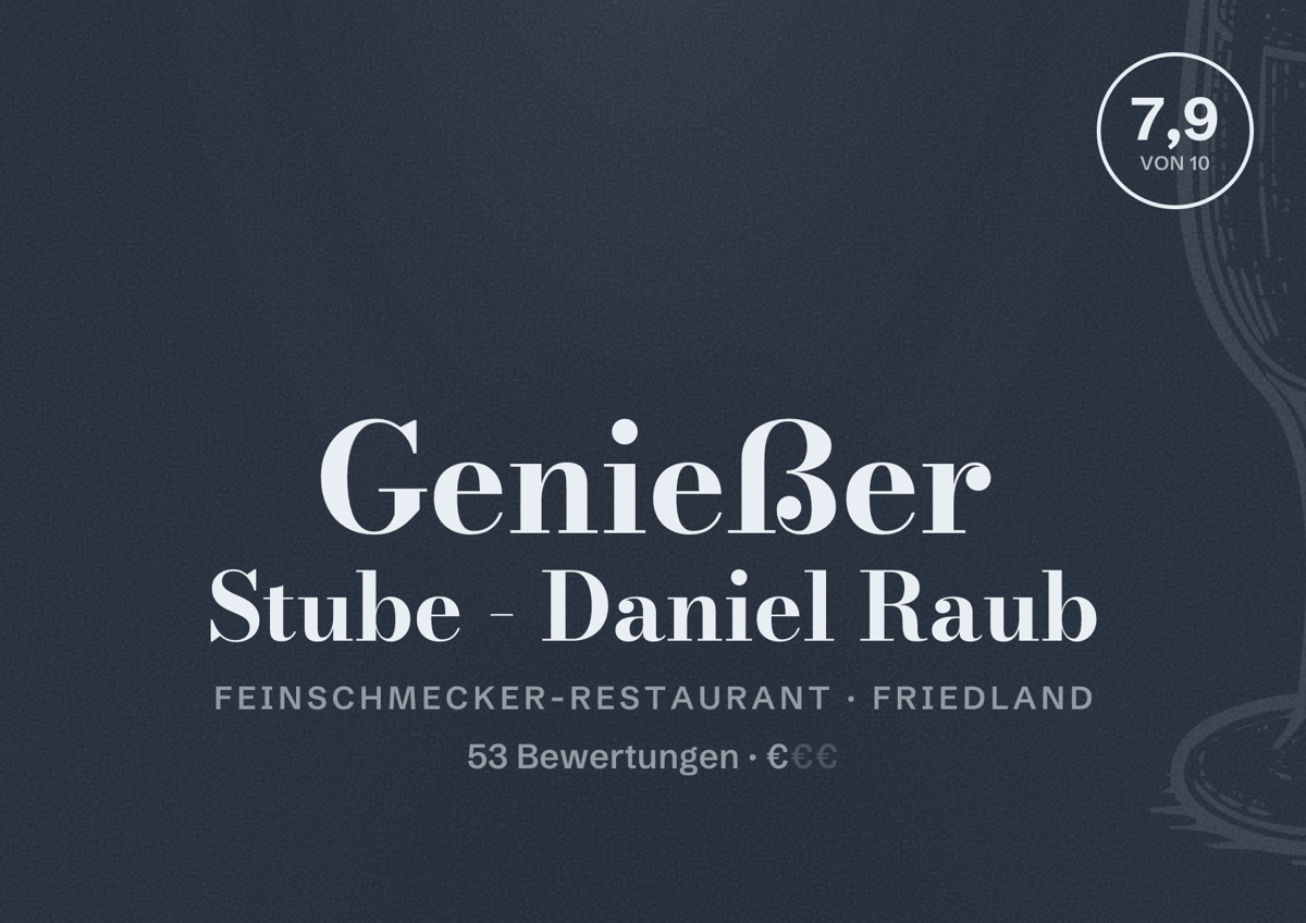 Illustriertes Poster von Genießer Stube - Daniel Raub, Feinschmecker-Restaurant in Friedland: Bewertung 7,9 von 10 aus 53 Bewertungen, Preisniveau €