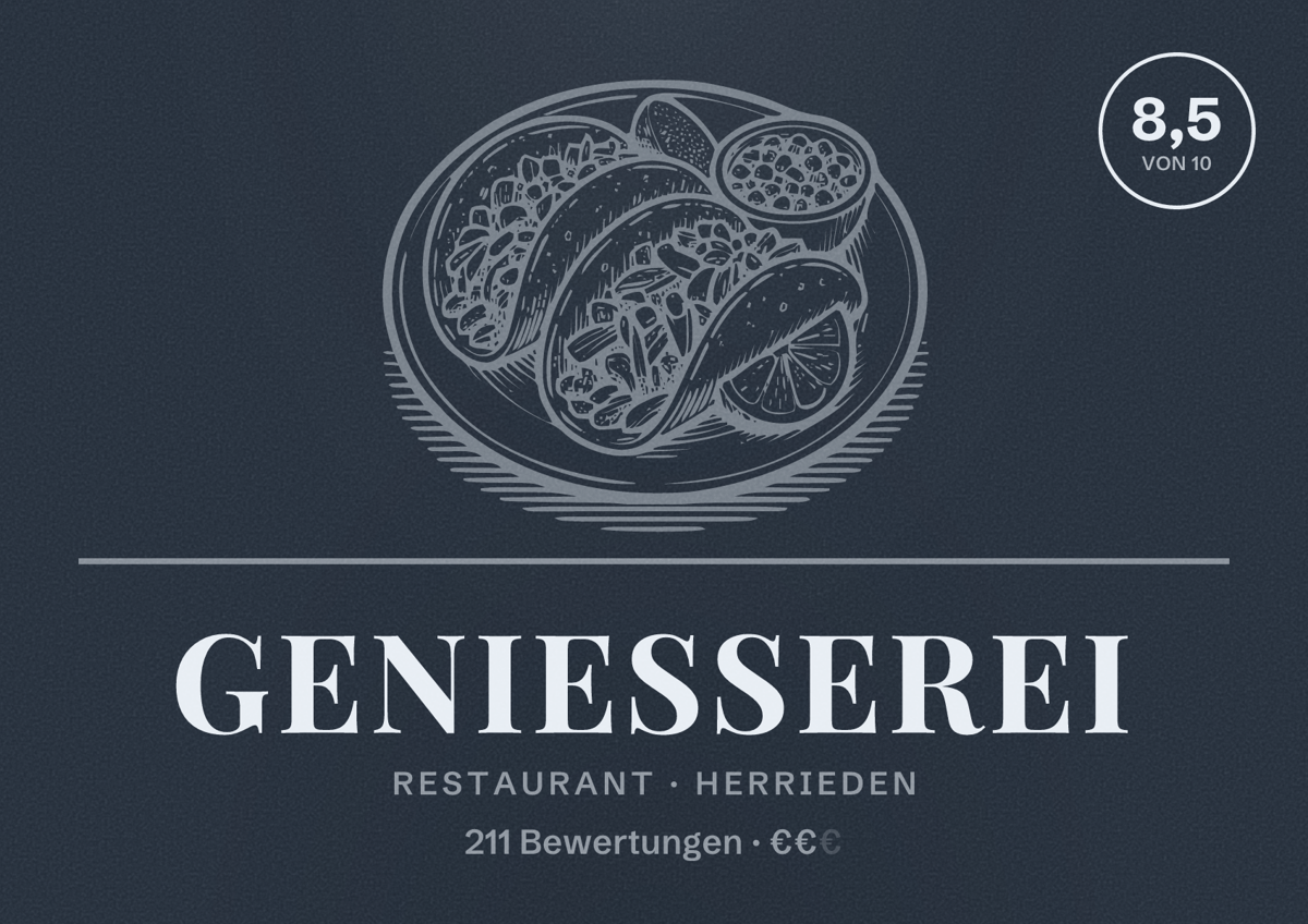 Illustriertes Poster von Genießerei, Restaurant in Herrieden: Bewertung 8,5 von 10 aus 211 Bewertungen, Preisniveau €€