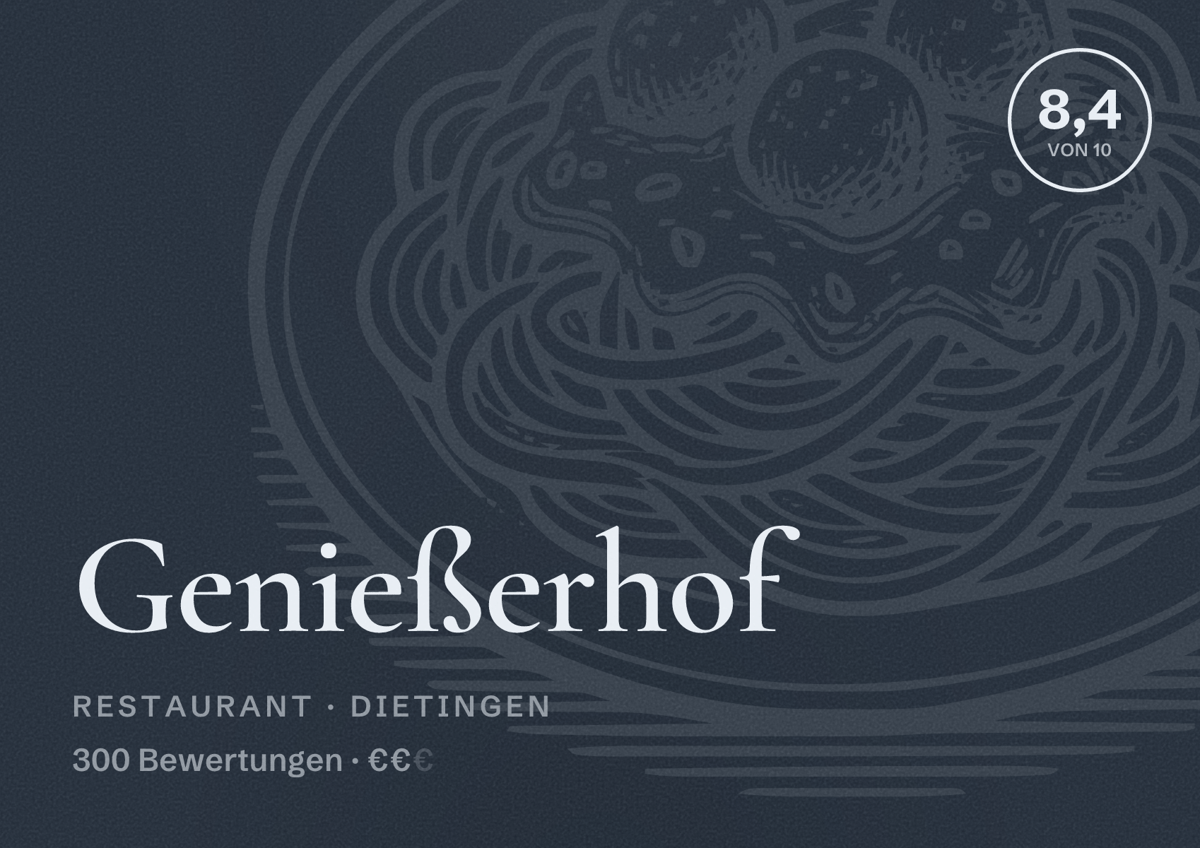 Illustriertes Poster von Genießerhof, Restaurant in Dietingen: Bewertung 8,4 von 10 aus 300 Bewertungen, Preisniveau €€