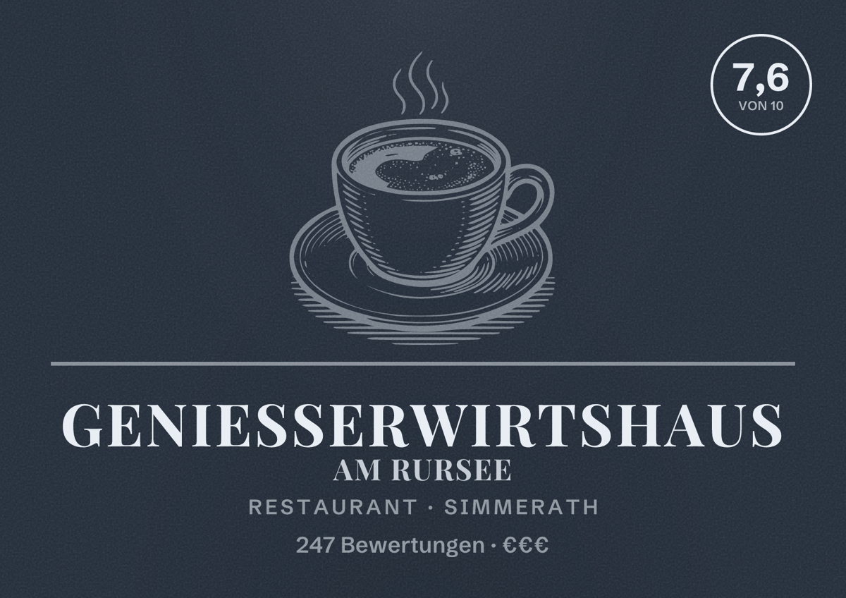 Illustriertes Poster von Genießerwirtshaus am Rursee, Restaurant in Simmerath: Bewertung 7,6 von 10 aus 247 Bewertungen, Preisniveau €€€
