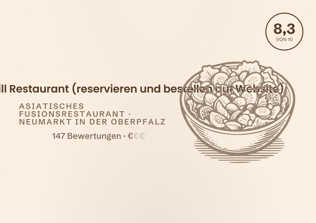 Illustriertes Poster von Genji Sushi & Grill Restaurant (reservieren und bestellen auf Website), Asiatisches Fusionsrestaurant in Neumarkt in der Oberpfalz: Bewertung 8,3 von 10 aus 147 Bewertungen, Preisniveau €