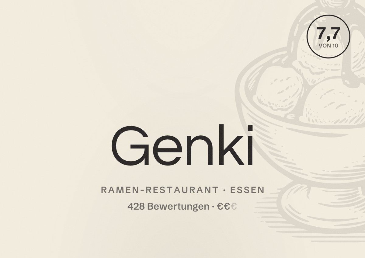 Illustriertes Poster von Genki, Ramen-Restaurant in Essen: Bewertung 7,7 von 10 aus 428 Bewertungen, Preisniveau €€