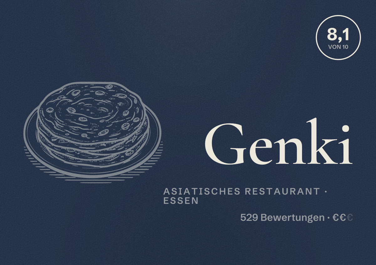 Illustriertes Poster von Genki, Asiatisches Restaurant in Essen: Bewertung 8,1 von 10 aus 529 Bewertungen, Preisniveau €€
