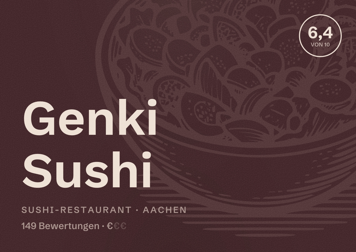 Illustriertes Poster von Genki Sushi, Sushi-Restaurant in Aachen: Bewertung 6,4 von 10 aus 149 Bewertungen, Preisniveau €