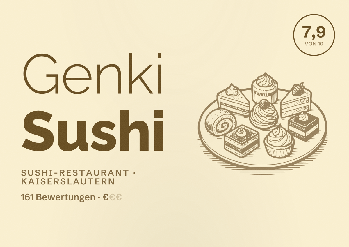 Illustriertes Poster von Genki Sushi, Sushi-Restaurant in Kaiserslautern: Bewertung 7,9 von 10 aus 161 Bewertungen, Preisniveau €